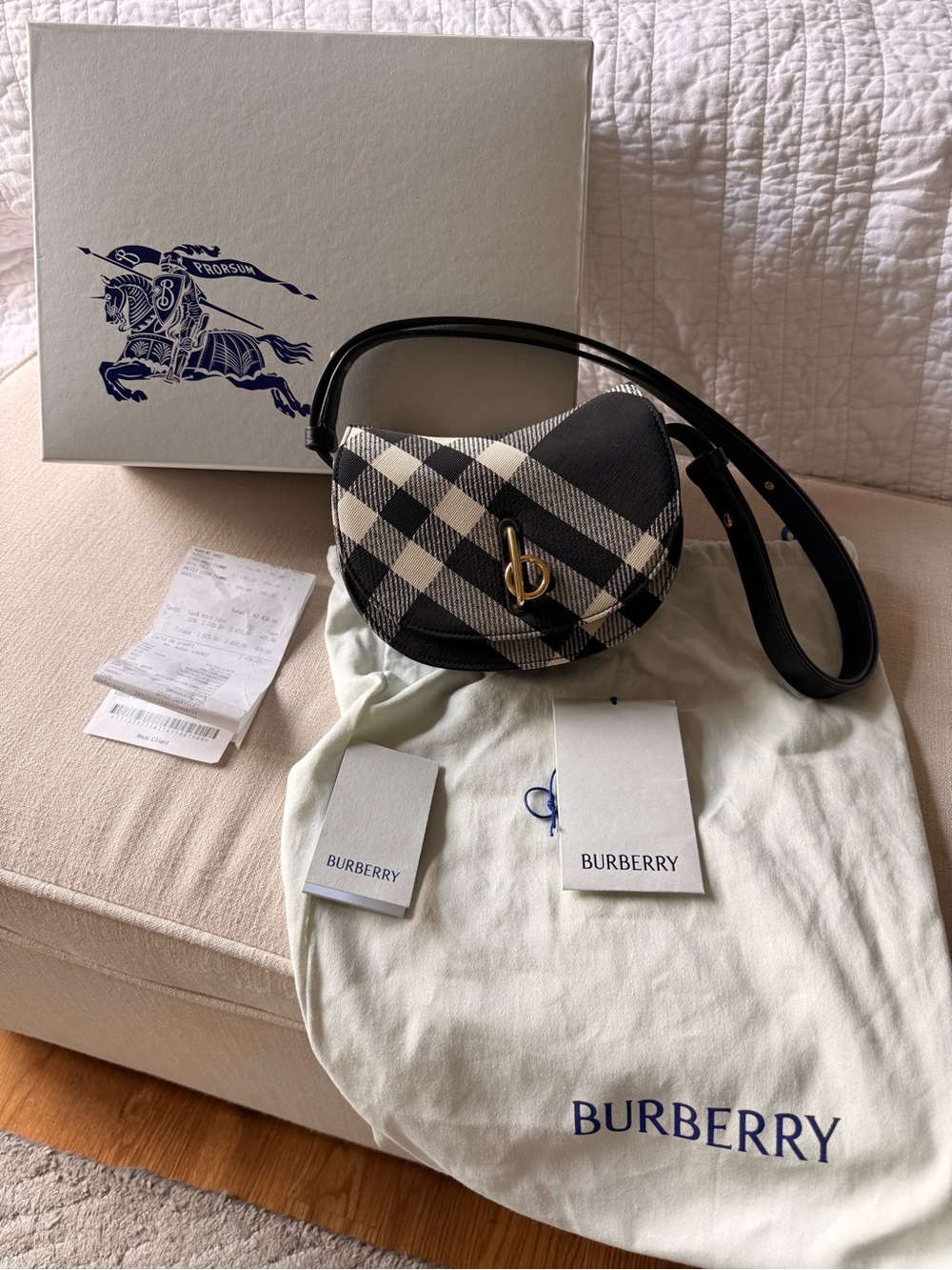 Burberry Mini Rocking Horse Black & White Crossbody with Adjustable Strap.